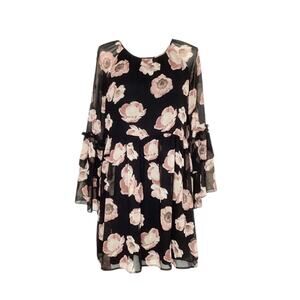 Le Lis Black Pink Floral Bell Sleeve Mini Dress Medium